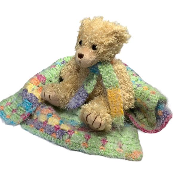 Baby Lovey Small Security Blanket Soft Multicolor Crochet Teddy Bear with Scarf - Picture 4 of 14